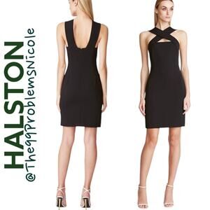 Halston Crossover Neck Black Cocktail Dress